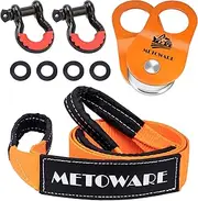METOWARE Offroad Recovery Kit - 3" x8' Tree Saver, Tow Strap with 2pk D Ring Shackles and 10 Ton Heavy Duty Snatch Block Pulley