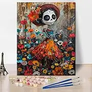 Skull Girl Adults' Paint-by-Number Kits Day of The Dead Paint by Numbers Skull DIY Paint by Numbers for Adults Oil Hand Painting Canvas Art Crafts Home Wall Decoration 16x20 Inch Without Frame