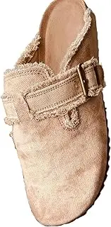 [Gikleihwy] Women’s Flat Mule Shoes Comfy Clogs Suede Slip on Backless Slipper Summer Classic Round Toe Adjustable Buckle with Arch Support Anti slip Sandals Unisex for Home Office
