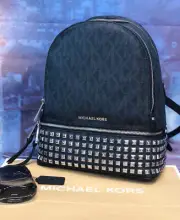MICHAEL Michael Kors signature monogram Rhea Medium Logo Studded Backpack Black
