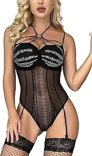 [ADSEXY] Sexy Lace Babydoll Teddy Bodysuit for Women Backless Chemise Lingerie with Garter Belt No Stockings Included