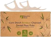 Organic Dental Floss Picks - Natural Biodegradable Floss Sticks with Strong Bamboo Charcoal Thread & Vegan Corn Starch Handle - No Plastics & No Artificial Flavours