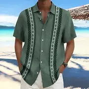 Men's Shirt Linen Shirt Summer Shirt Beach Wear Geometric Vacation Casual Yellow Blue Green Short Sleeve Lapel Summer Spring Summer Clothing Apparel Color Blo