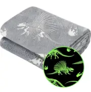 Glow In The Dark Soft Cozy Blanket Gray W/Fluorescent Dinosaur Size 50” X 60”