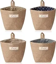 JIAKAI 4pcs Mini Hanging Storage Bag，Cotton Linen Small Storage Basket Decor Bin Bag with Handle, for Wall Door Closet