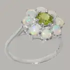 Solid 10k White Gold Natural Peridot & Opal Womens Cluster Ring - Sizes 4 to 12