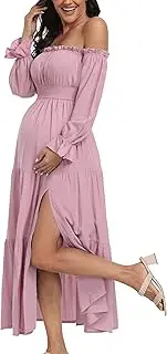 [VmSlyii] Women's Boho Off Shoulder Maternity Dresses, Long Sleeve Side Split Flowy A Line Tiered Maxi Dress for Baby Shower Photoshoot