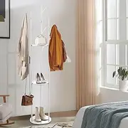 Coat Stand Corner Clothes Rack Shelf Metal 3 Storage Shelves and 9 Hooks Hanger Hall Trees Freestanding Garment Rack for Scarf Cap Hat Bags White