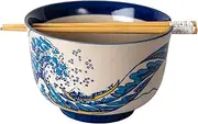 Urban Tokyo Ramen Udon Noodle Bowl with Chopsticks - 24 fl oz, 6 inch Diameter Handcrafted Porcelain Multi Purpose Soba Pho Noodle Donburi Rice Bowl (Great Wave)