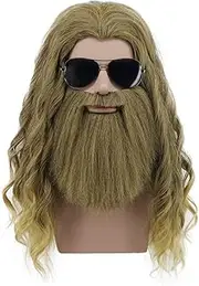 Men Long Curly Golden Brown Moustache Wig Halloween Cosplay Wig Anime Costume Party Wig