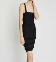 $298 NWT BCBGMAXAZRIA SzM FRINGE TRIMMED SLEEVELESS SHEATH STRETCH DRESS BLACK