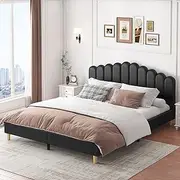 ALFORDSON Tania Black Bed Frame Base with PU Leather Upholstery, Bed Platform Foundation with Headboard for Mattress Topper, King Size