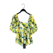 Warehouse Yellow Green Blue Floral Tie Open Back Peplum Blouse - Size 12 NEW