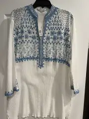 SULU COLLECTION WHITE AND BLUE TUNIC TOP 16 XL CRINKLY COTTON STRETCHY NWT