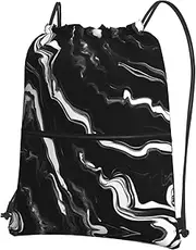 EdWal Black White Marble Print Print Drawstring Backpack Gym Bags Sports Bags With Zipper Pocket For Travel Beach, Black, One Size