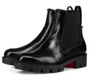 Christian Louboutin Out Lina Spike Lug Flat Black Patent Chelsea Ankle Boot 38.5