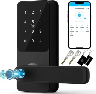 Keyless Smart Locks, Keypad, Fingerprint, BT, Code, IC Card, Key, Remote - Black