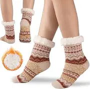 [Bodvera] Slipper Socks for Women Warm Winter Cozy Fuzzy Fleece-Lined Socks Thick Pattern Floor Home Socks with Grippers