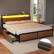 Artiss Metal Bed Frame King Size with Storage Headboard & Drawers Built in Charging Station & LED