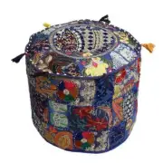 Pouf Ottoman Foot Stool Fabric Patchwork Embroidered Puffe Cover Indian Blue