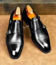 Custom Made Men's Leather Double Buckle Monk Strap Cap-Toe Dress Shoes - Black
