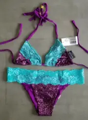 New BEACH BUNNY Lady Lace Sequined Triangle XS Top Skimpy Bikini XL Bottom Set
