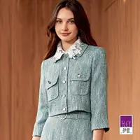 在飛比找momo購物網優惠-【ILEY 伊蕾】時髦小香風織紋蓋袋短版排釦西裝外套(淺藍色