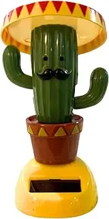 Solar Powered Dancing Cactus Bobblehead with Sombrero, Mexican Style Car Dashboard Decoration, Green and Yellow