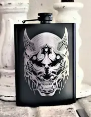 Liquor Hip Pocket Flask and Funnel Engraved Scary Skull Art Drinking Gift Set