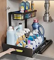 Yunking Under Sink Organizer, 2-Tier Under Kitchen Bathroom Sink Organizers and Storage No Drilling Rustproof Stainless Steel Pull Out Shelf for Kitchen Bathroom