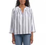 Splendid Ladies' V-Neck Blouse. Loose Fit, Size M, White Stripe, 85% Rayon.￼