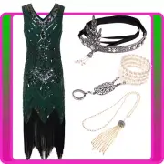 Ladies 20s 1920s GreenRoaring Flapper Costume Sequin Gatsby Party Fancy Dress