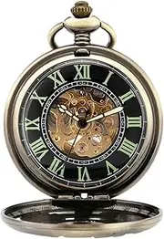 [Kirposh] Vintage Pocket Watch Mechanical Watch Steampunk Skeleton Roman Numerals Pocket Watches Pendant with Chain for Men