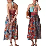 Love the Label Floral Patchwork Print Halter Backless Cotton Midi Dress Small