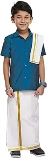 [Chandrakala] Baby Boys' Shirt With Mundu Set Lungi Dhoti South Indian Dress,1-2T Teal Blue (KB102TEA2)