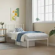 Metal Bed Frame King Single Size, Headboard White, 107x203 cm, Metal Slats, Steel Frame, Easy Storage Underneath, Bedroom Furniture