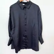 NEW Topshop ASOS Curve Satin Oversized Shirt Button Up Black Women SIZE 16