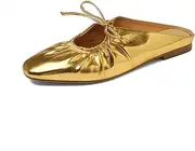 [SoraBra] Women's Wrinkled Leather Lace Up Flat Mules Fashion Closed Square Toe Slip-On Slingback Ballet Flats Comfortable Casual Dressy Date Office Work Shoes, Gold, 5.5