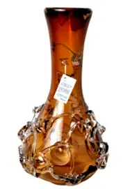 ION TAMAIAN Art Glass Amber Hand Blown Bottleneck Vase Fused Glass Romania New