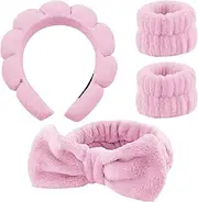 Set of 4 Hair Bands, Cosmetics, Spa Headband for Washing the Face, Skin Care Headbands, Make-Up Hair Band, Headband, Wrist Wash Band Set for Women, Girls, Yoga, Sports, Shower, Makeup Removal