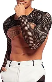[WDIRARA] Men's Fishnet Sheer Mesh Long Sleeve T-Shirt Crop Top Slim Fit Party Tee Tops