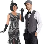 Retro Vintage Roaring 20s 1920s Flapper Dress Outfits Waistcoat The Great Gatsby Gentleman Wedding Guest Sequins Tassel Fringe Men's Women's New Year Masquerad