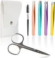 HOXHA Professional Stainless Steel Tweezers with Scissors, Set of 5 Colorful Best Precision Tweezers for Eyebrow, Fragment and Ingrown Hair Removal, with Leather Travel Case