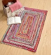 Second Nature Online Sundar Small Braided Area Rug Flat Hand Weave with Multi Colour Recycled Fabric 60 cm x 90 cm
