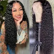 4GIRL4EVER Deep Wave Lace Front Wigs Human Hair 180% Denisty 13X4 Deep Wave Frontal Wigs Human Hair Curly Wigs for Black Women Pre Plucked with Baby Hair HD Lace Deep Wave Wig Natural Black 24 Inch