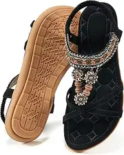 [Alicegana] Womens Sandals Dressy Summer: Flat Shoes Comfortable Bohemian Elastic Ankle Strap Beach Walking Sandals for Women