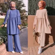 Women Long Sleeve Blouse Tops Pants Two Piece Set Abaya Muslim Outfits Kaftan