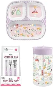 Kids Fairy Garden Dining Set, 3-Section Plate, 450ml Tumbler with Straw Lid, 3-Piece Cutlery Set, Purple and Pink Whimsical Fairies, Flowers and Toadstools