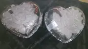 Beautiful Set of 2 RARE Frosted Crystal Roses Heart Designed Covered Candy Dish