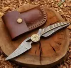Damascus Leaf Folding Knife With Leather Sheath Best Camping & Pocket Knife
